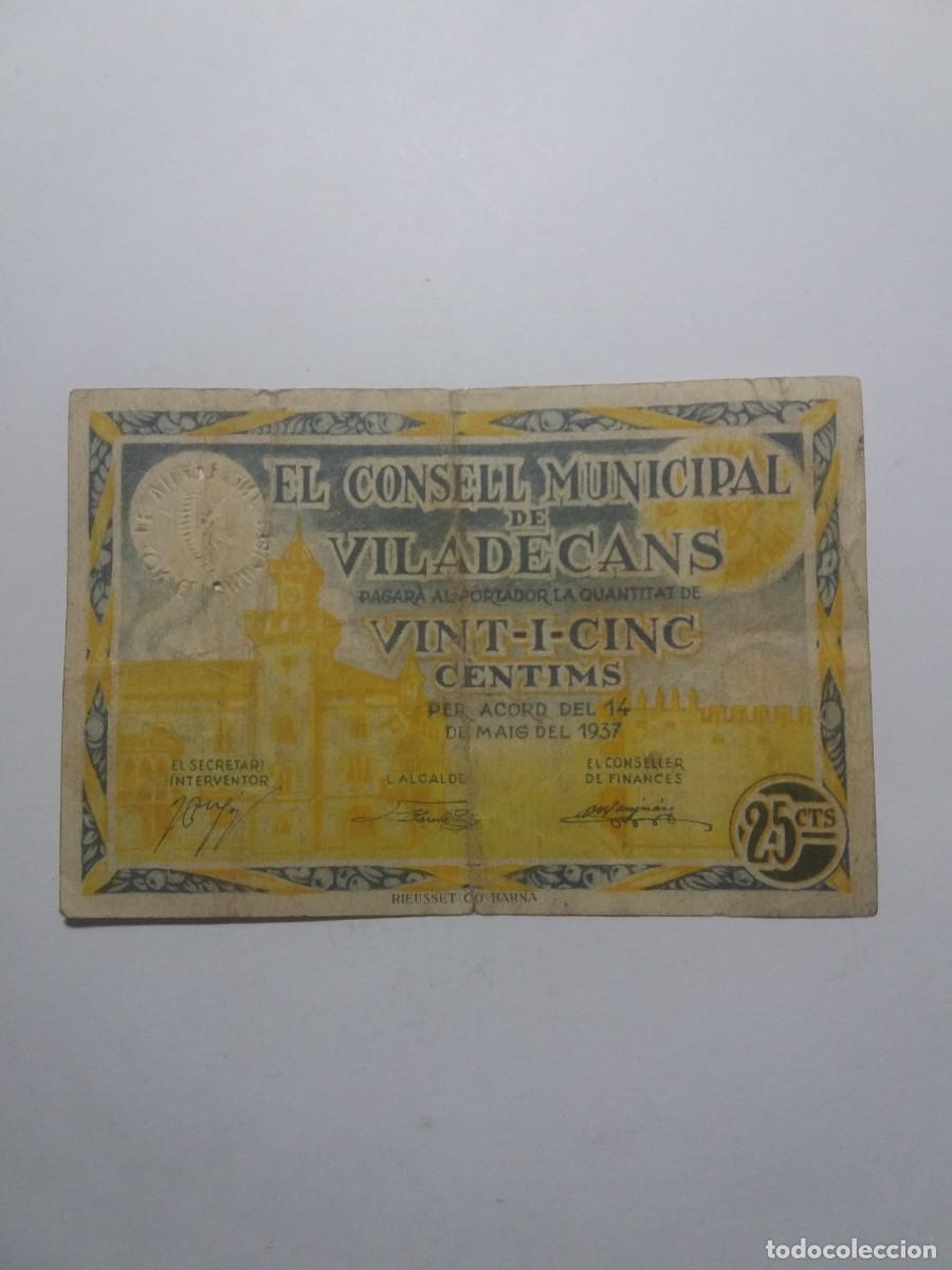 Billetes locales: Billete 25 Centims Consell Municipal VILADECANS 14 Maig 1937