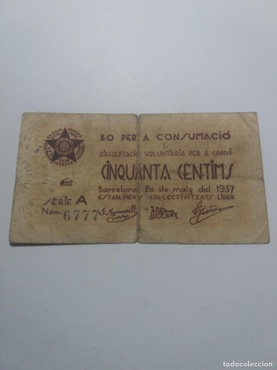 Billetes locales: Billete 50 C&egrave;ntims Establiments Col.lectivitzats LIBER Barcelona 20 Maig 1937