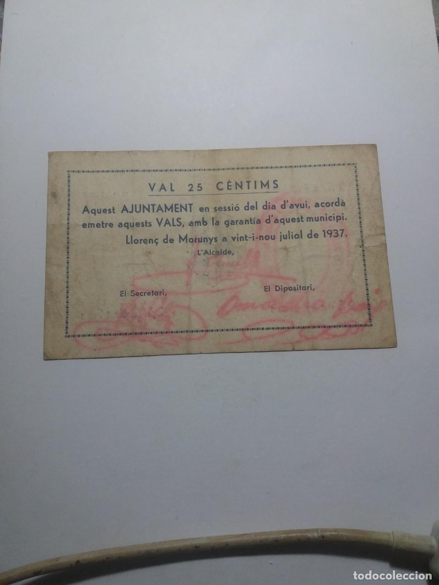 Billetes locales: Billete 25 C&egrave;ntims Ajuntament LLOREN&Ccedil; de MORUNYS 29 Juliol 1937