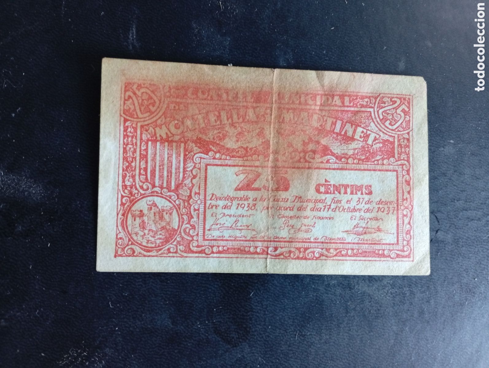 Billetes locales: Billete de 25 c&egrave;ntims Montell&agrave; i Martinet 1937 guerra civil Cerdanya Lleida