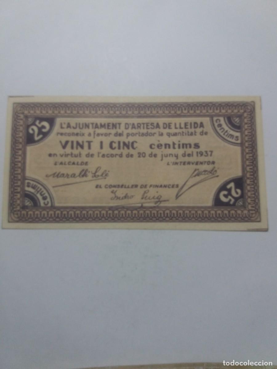 Billetes locales: Billete 25 C&egrave;ntims Ajuntament ARTESA DE LLEIDA 20 Juny 1937