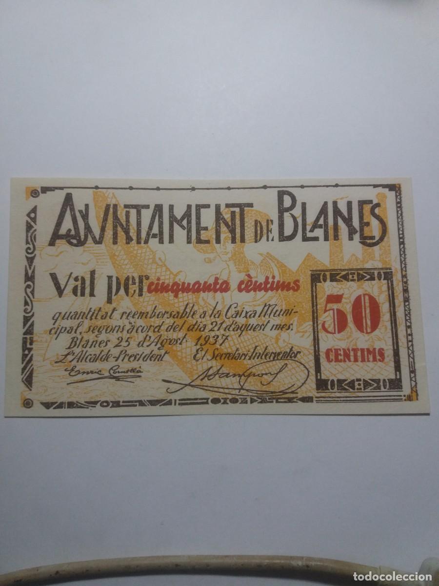 Billetes locales: Billete 50 C&egrave;ntims Ajuntament BLANES 21 Agost 1937