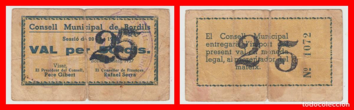 Billetes locales: Bordils (Girona) - 25 Centimos con resello en 50 centimos - RRR - Referencia Turrol n&ordm; 487