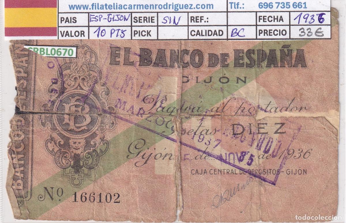 Billetes locales: CRBL0670 BILLETE ESPA&Ntilde;A LOCAL GIJON 10 PESETAS 1936 SIN SERIE USADO CON FIXO