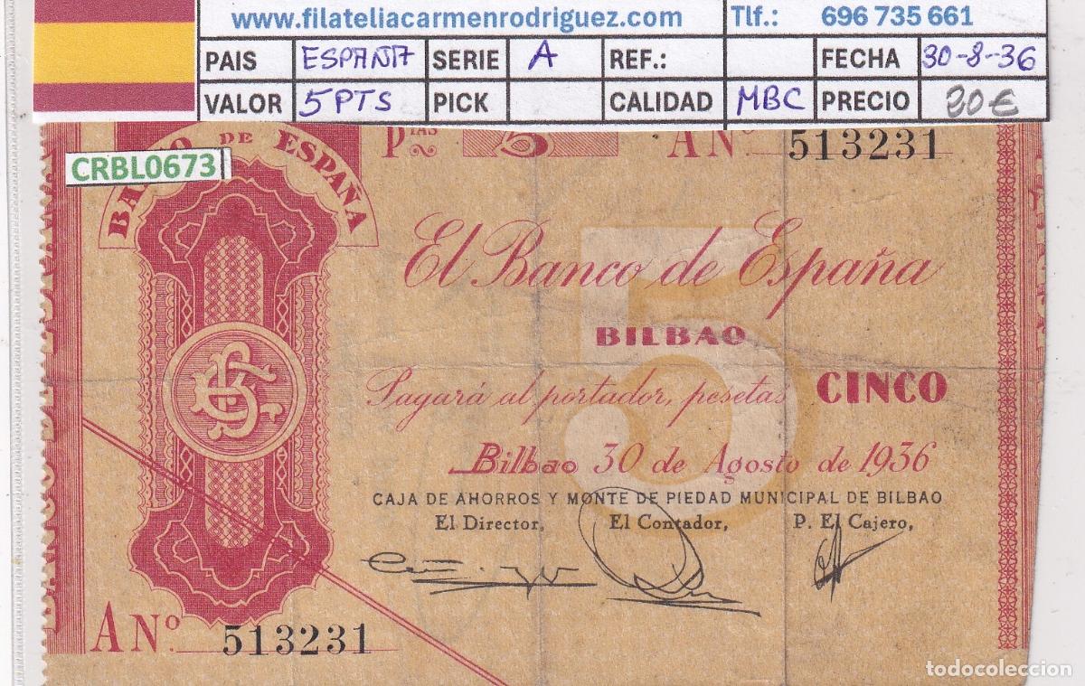 Billetes locales: CRBL0673 BILLETE ESPA&Ntilde;A LOCAL BILBAO 5 PESETAS 1936 SERIE A MBC