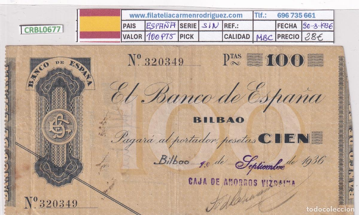 Billetes locales: CRBL0677 BILLETE ESPA&Ntilde;A LOCAL BILBAO 100 PESETAS 1936 SIN SERIE MBC