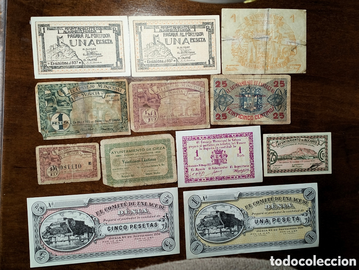 Lokale Banknoten: Lote 12 billetes locales 1937 emitidos por diferentes Ayuntamientos