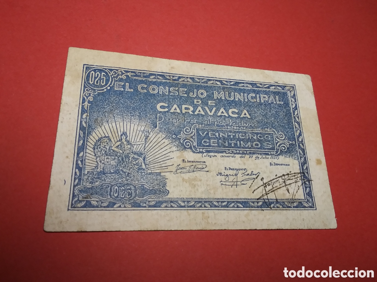 Banconote locali: 1937 CONSEJO MUNICIPAL F&Ntilde;DE CARAVACA,Murcia. 25 C&eacute;ntimos. Serie A.
