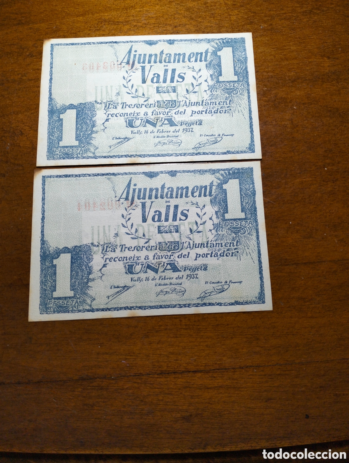 Banconote locali: 1937 Ajuntament VALLS. TARRAGONA 1PESETA. Pareja n&uacute;ms correlativos. SC-