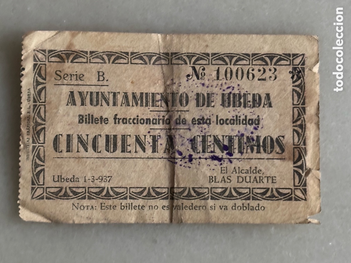 Billetes locales: Billete fraccionario Ayuntamiento de &Uacute;beda 1937. 50 ctms