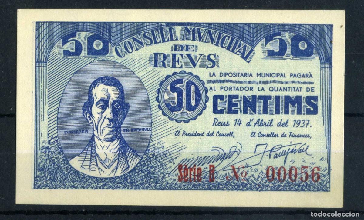 Billetes locales: XS- GUERRA CIVIL 1937 REUS 50 C&egrave;ntims PROSPER DE BOFARULL S/C Num. 00056 Molt Baixa