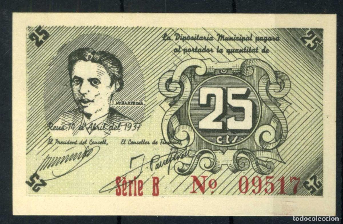 Billetes locales: XS- GUERRA CIVIL 1937 REUS 25 C&egrave;ntims J M&ordf; BARTRINA S/C