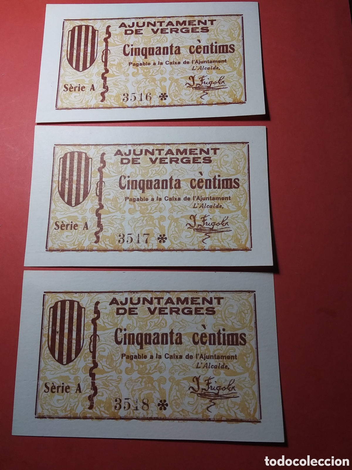 Billetes locales: Ajuntament de VERGES, (GERONA) 50-25 C&eacute;ntimos y Una Peseta. Serie A.