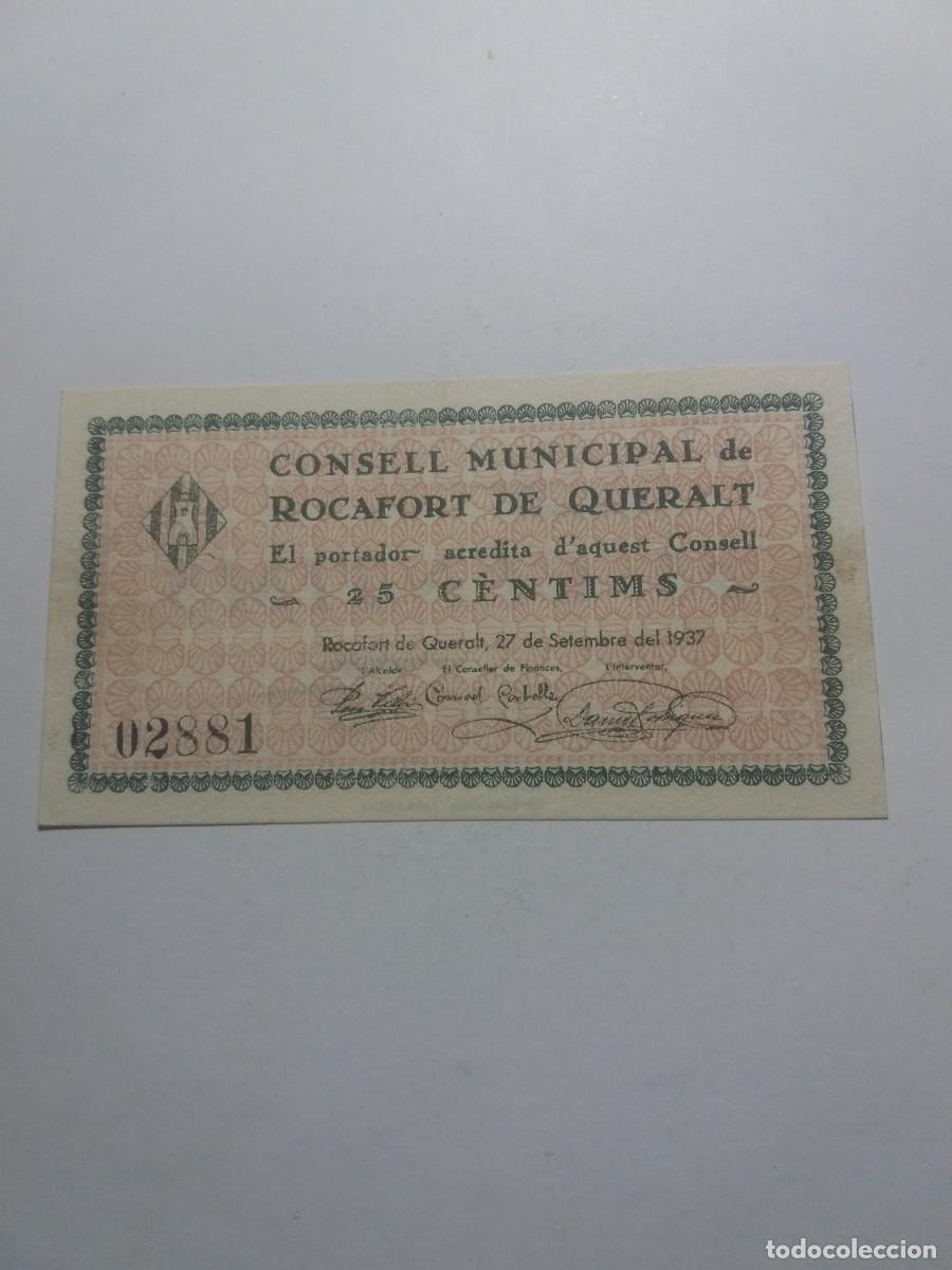 Billetes locales: Billete 25 C&egrave;ntims Consell Municipal ROCAFORT DE QUERALT 27 Setembre 1937