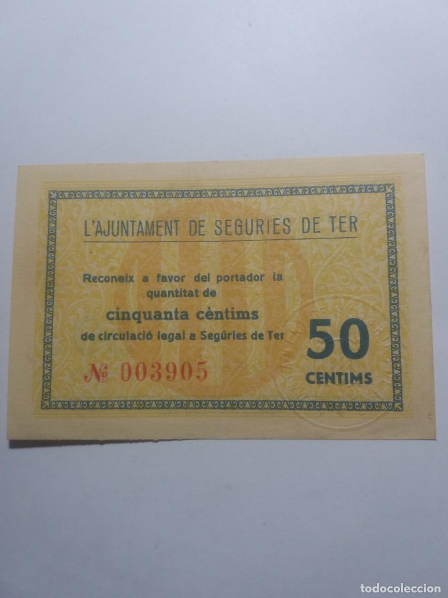 Billetes locales: Billete 50 C&egrave;ntims Ajuntament SEGURIES DE TER Maig 1937