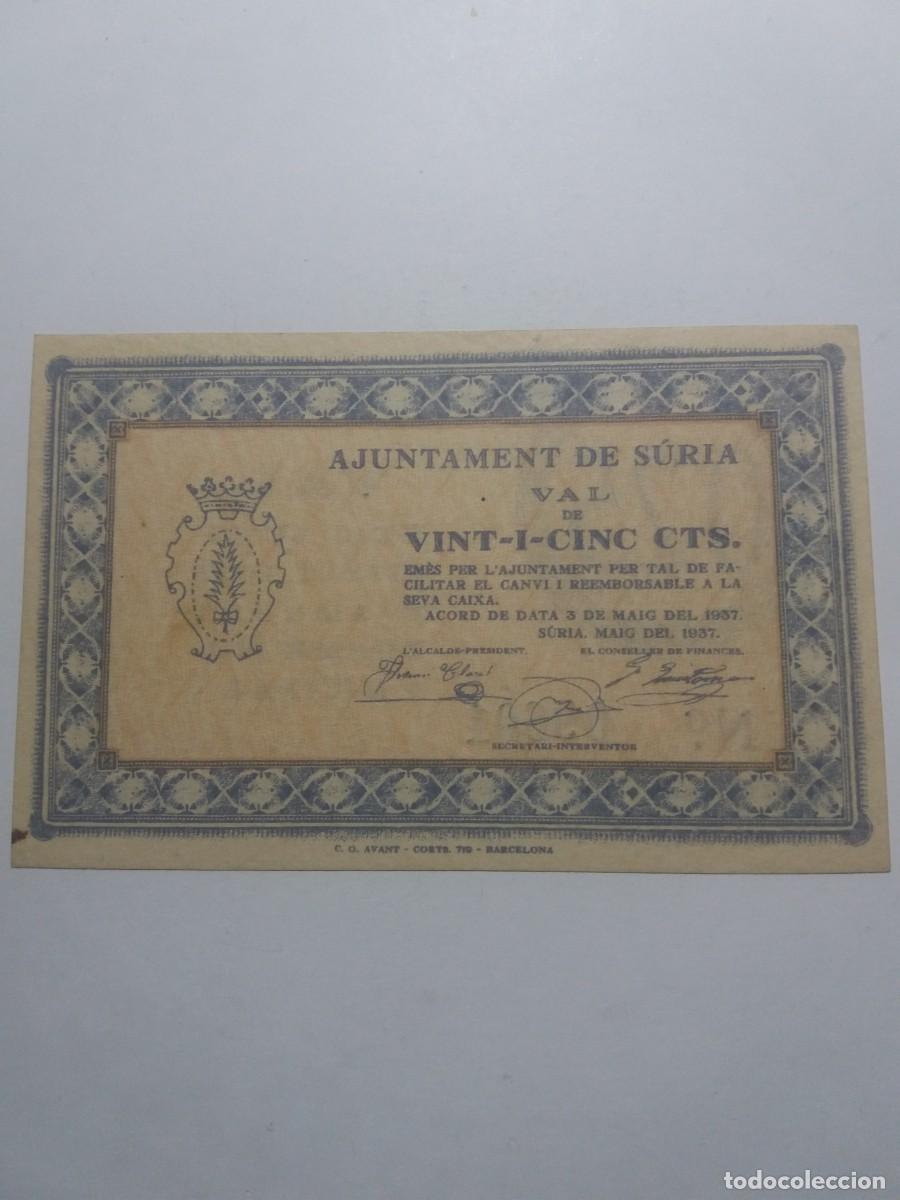 Billetes locales: Billete 25 C&egrave;ntims Ajuntament SURIA 3 Maig 1937