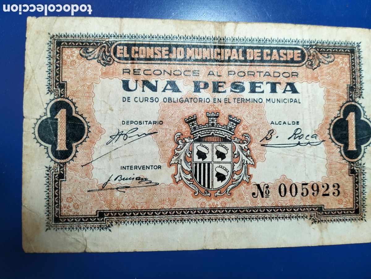 Billetes locales: EL CONSEJO MUNICIPAL DE CASPE. UNA PESETA