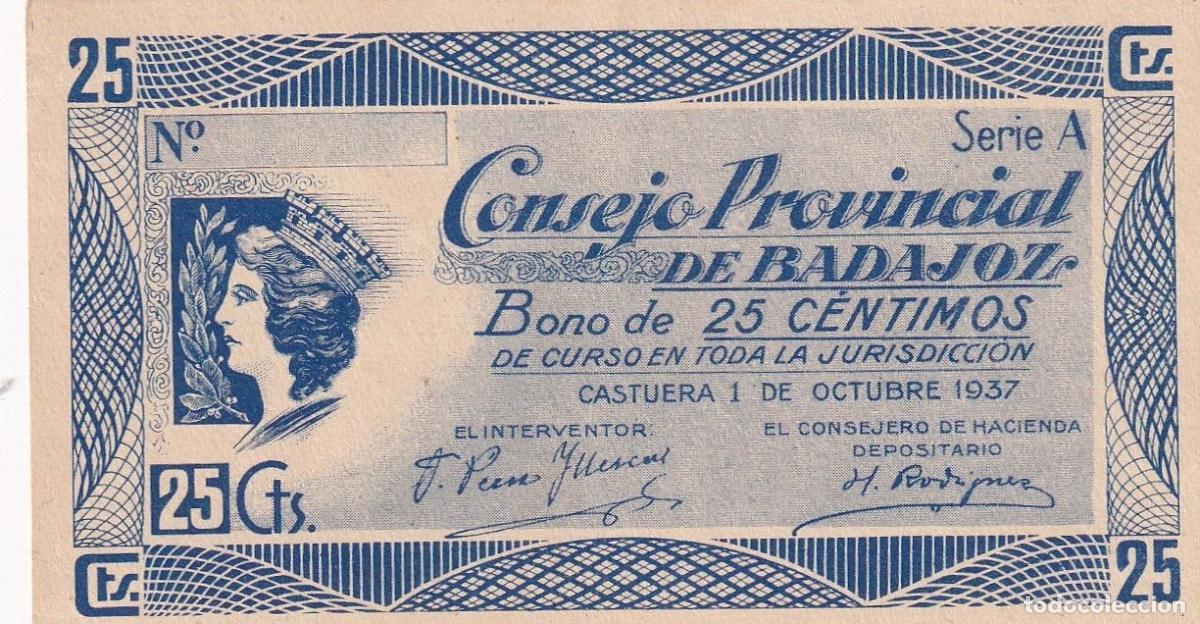 Billetes locales: CRBL0522 BILLETE ESPA&Ntilde;A LOCAL BADAJOZ 25 CENTIMOS 1937 SERIE A EBC