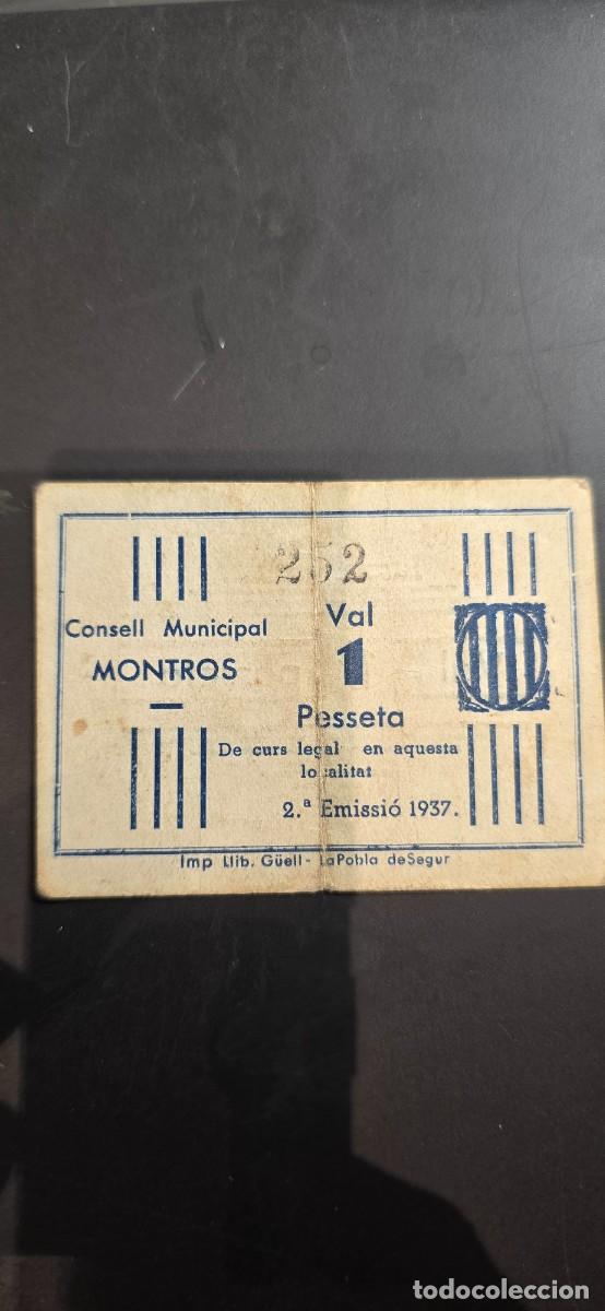 Billetes locales: Billete local Consell Municipal Montros. 1 PTA. RRR. Muy raro
