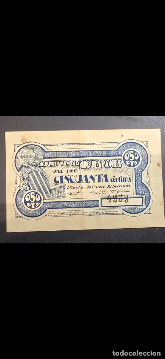 Billetes locales: Billete local. Ajuntament de Aiguesbones. 50 cts. Guerra civil