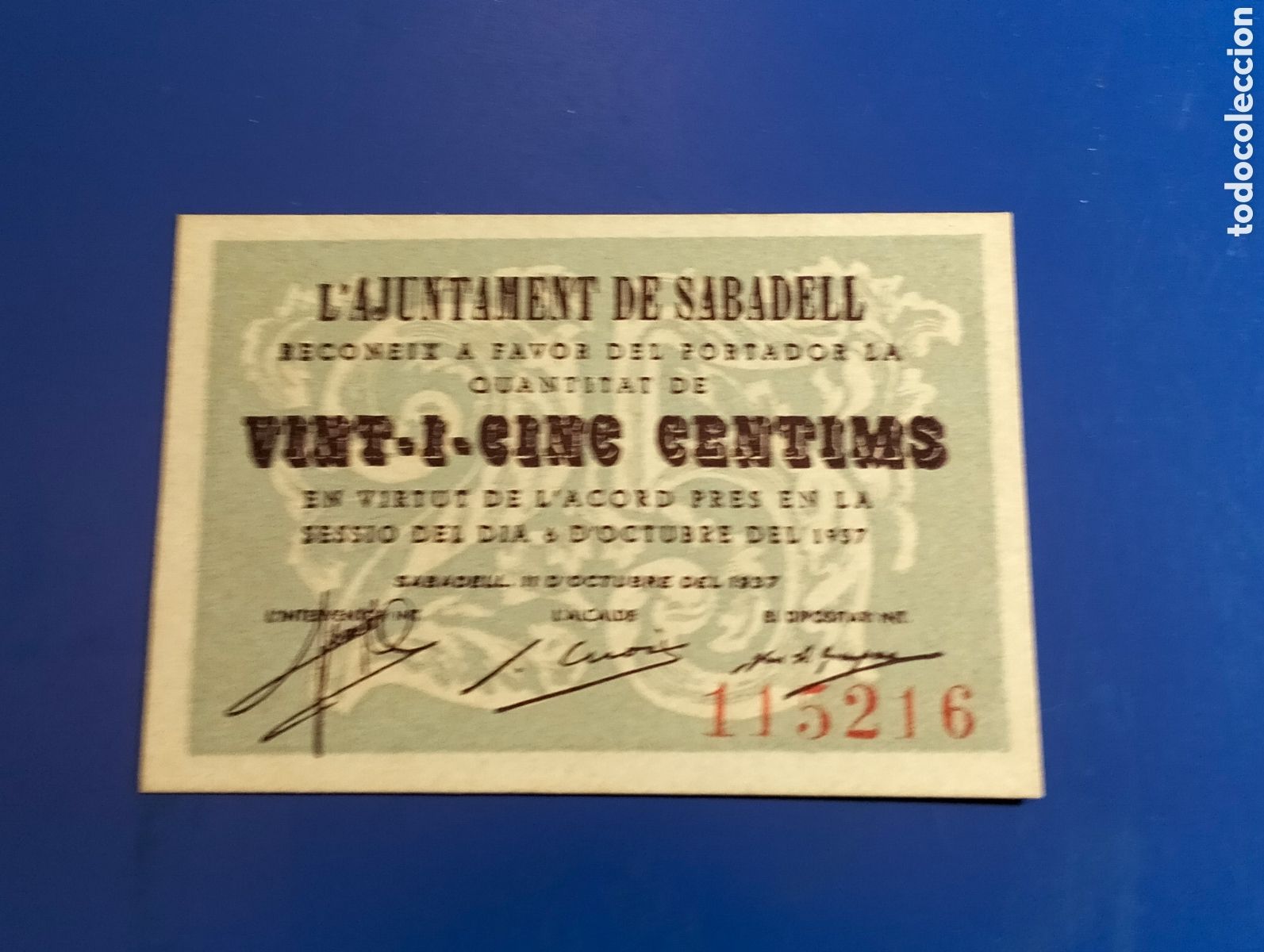 Billetes locales: 1937 L AYUNTAMENT DE DABADELL. BARCELONA