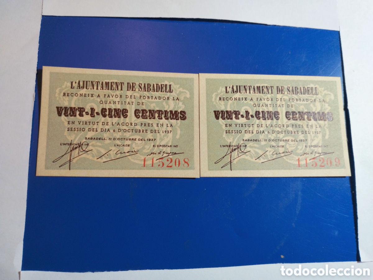 Billetes locales: 1937 L'AJUTAMENT DE SABADELL,BARCELONA. Pareja de n&uacute;m correlatvos