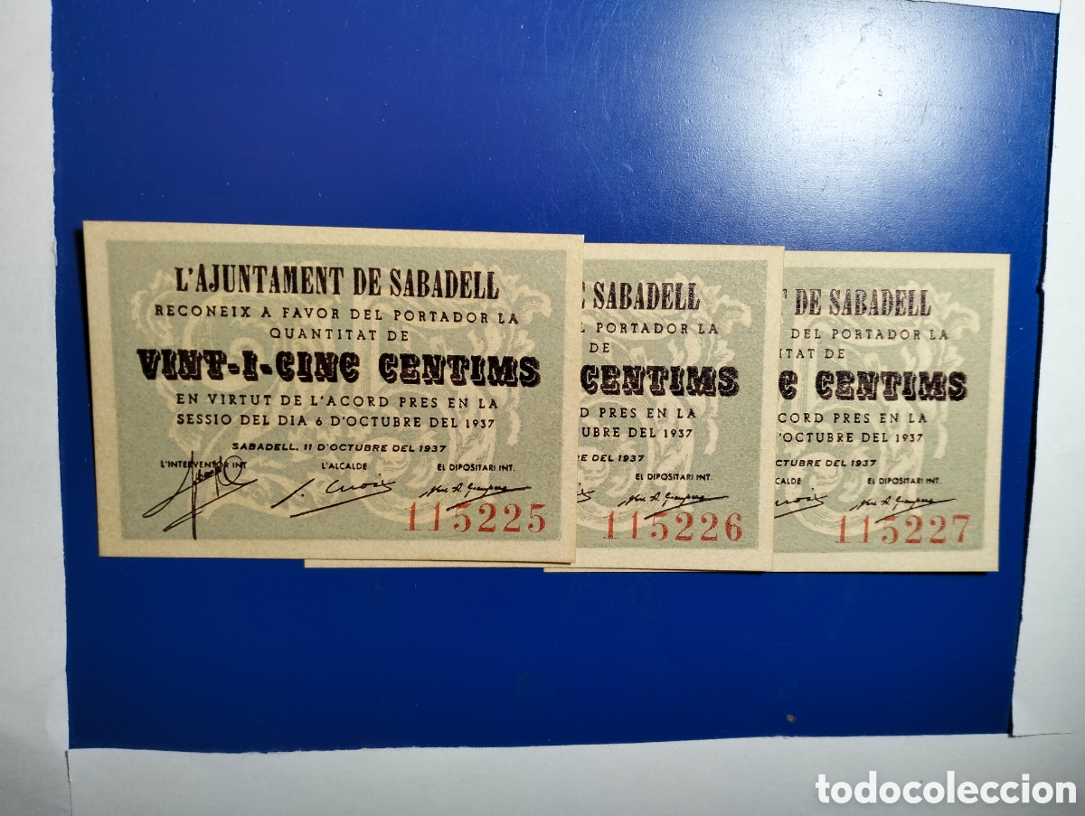 Billetes locales: 1737 L'AJUNTAMENT DE SABADELL,BARCELONA.25 CTS. Trio.