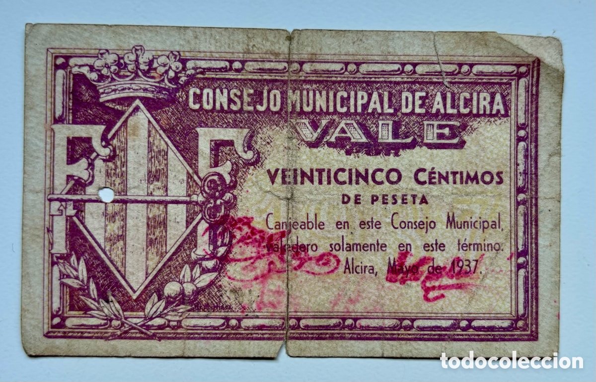 Billetes locales: Billete Local / Municipal ALCIRA 25 C&eacute;ntimos 1937 Rotura