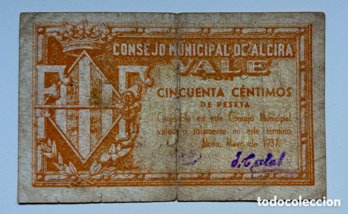 Billetes locales: Billete Local / Municipal ALCIRA 50 C&eacute;ntimos 1937