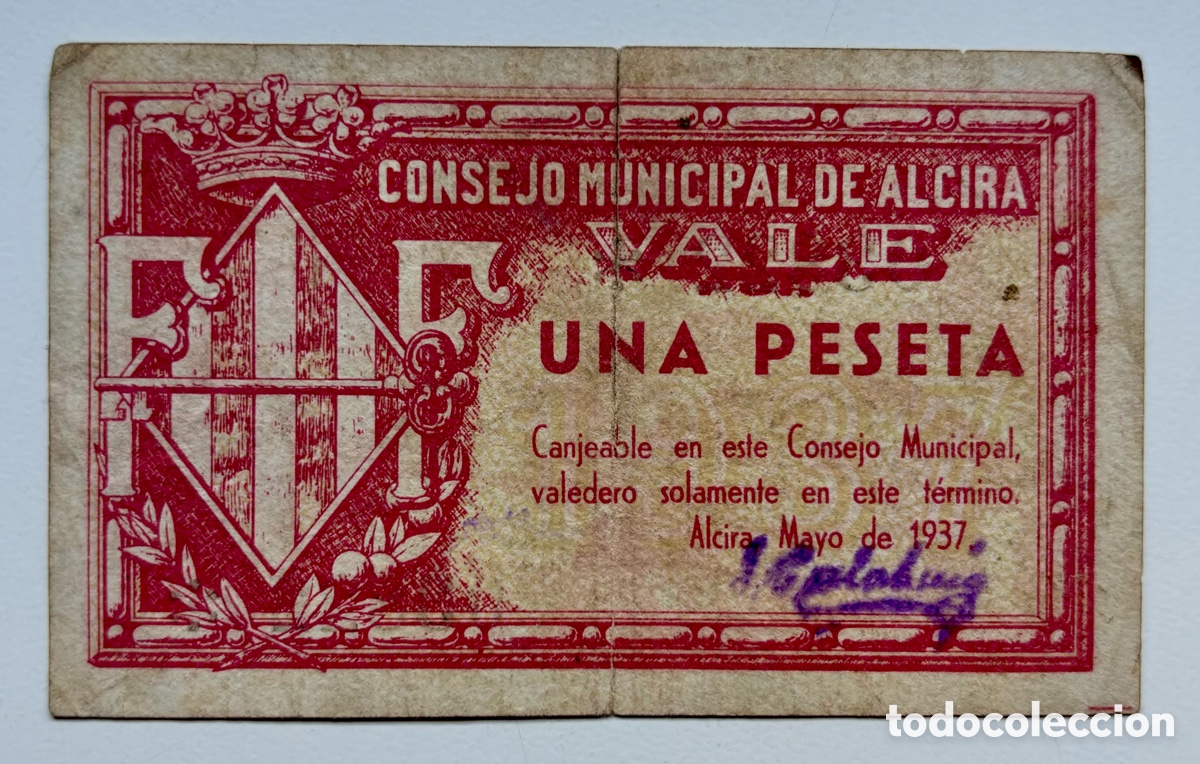 Billetes locales: Billete Local/Municipal ALCIRA 1 Peseta 1937. Rotura