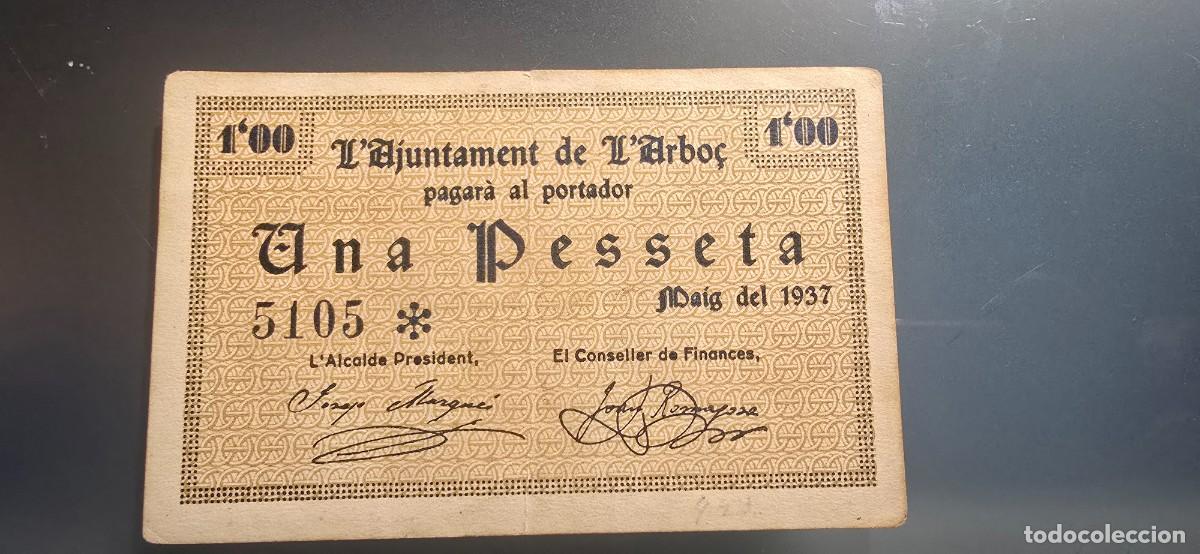 Billetes locales: Billete local l' Arbo&ccedil;. 1 pta. guerra civil