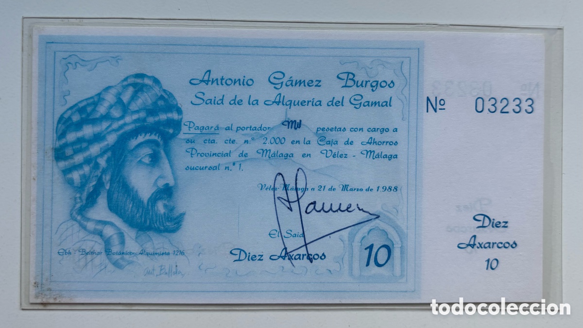 Billetes locales: Billete Local / Municipal 10 Axarcos 1988 . Plastificado. Axarquia V&eacute;lez-M&aacute;laga