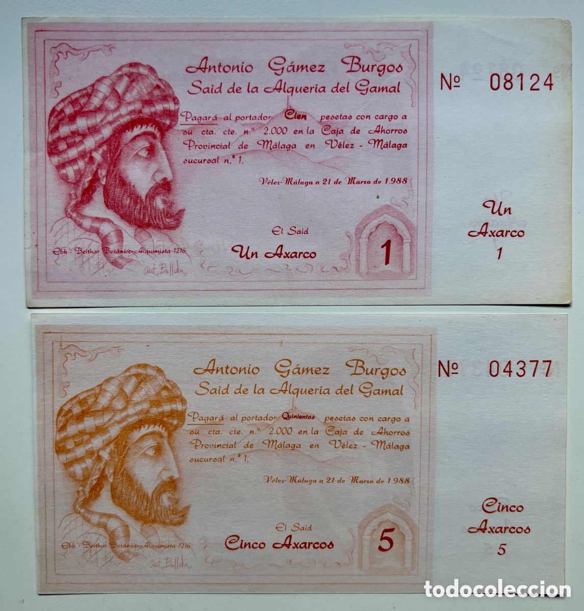 Billetes locales: 2 x Billete Local / Municipal 1-5 Axarcos 1988 SIN FIRMAS !! AXARQUIA V&eacute;lez-M&aacute;laga