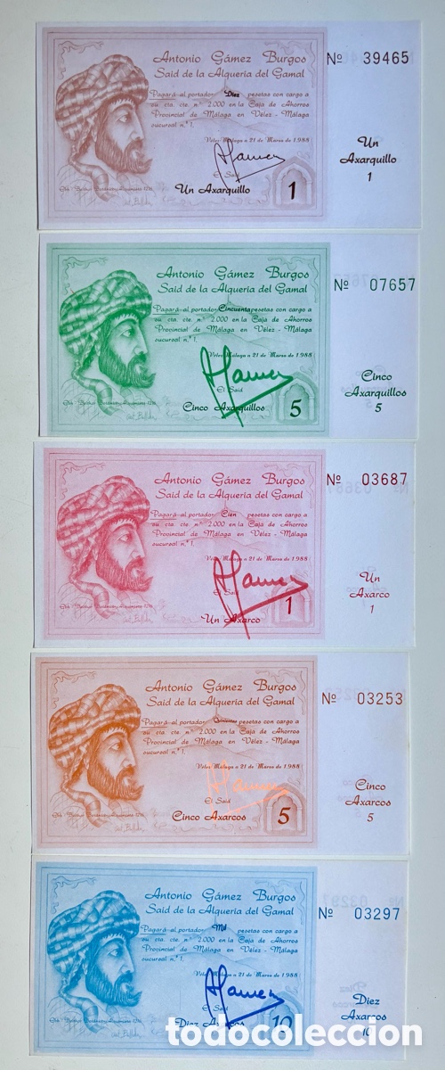 Billetes locales: Set completo x 5 Billetes AXARQUIA 1988 SC/SC- . Axarcos Axarquillos . V&eacute;lez-M&aacute;laga