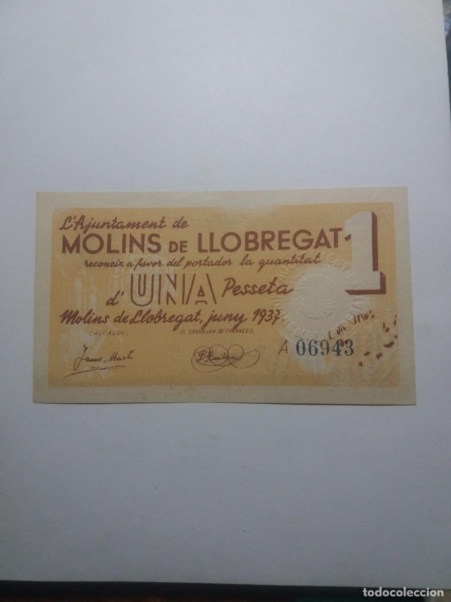 Billetes locales: Billete 1 Pesseta Ajuntament MOLINS DE LLOBREGAT Juny 1937