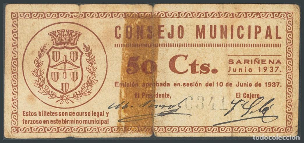 Lokale Banknoten: SARI&Ntilde;ENA (HUESCA). 50 C&eacute;ntimos. 10 de Junio de 1937. (Gonz&aacute;lez: 4785). Presencia de restos de cinta