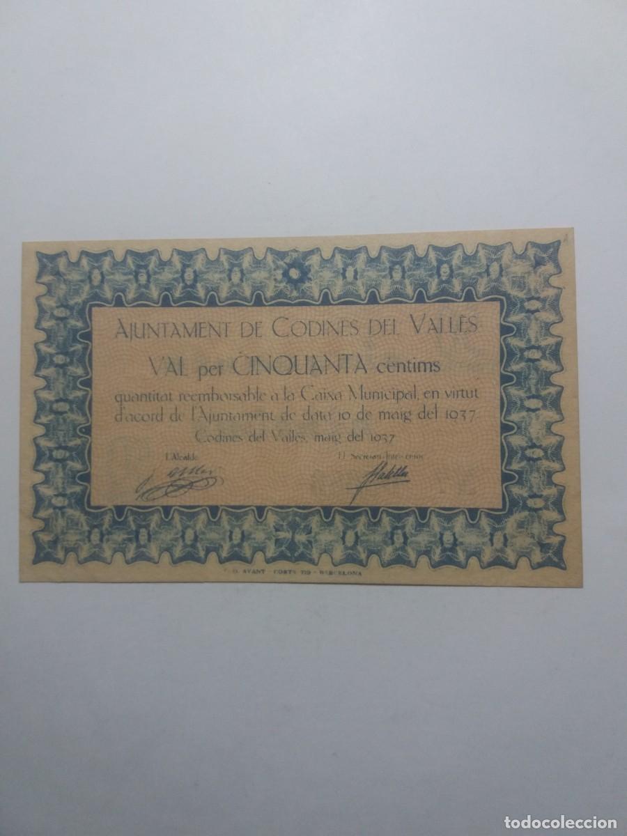 Billetes locales: Billete 50 C&egrave;ntims Ajuntament CODINES DEL VALLES Maig 1937