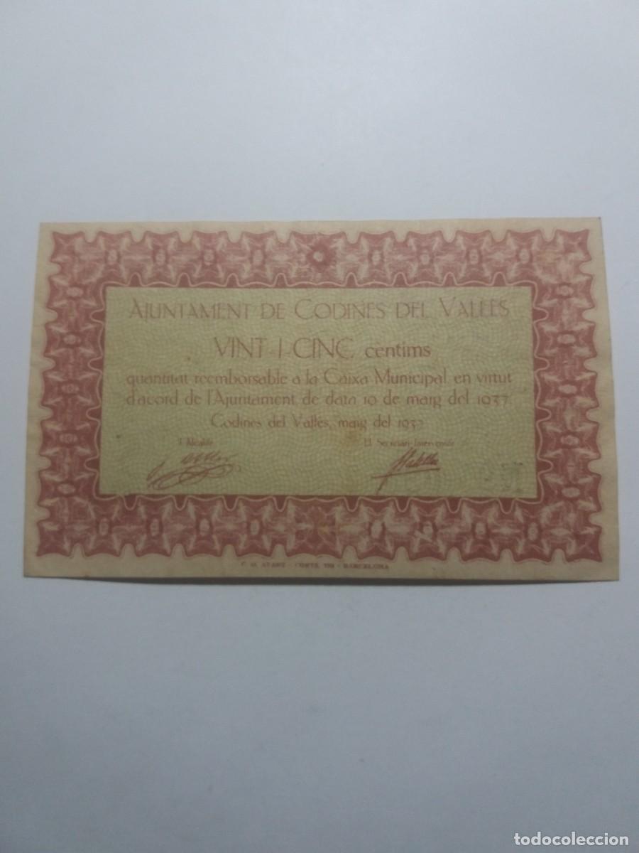 Billetes locales: Billete 25 C&egrave;ntims Ajuntament CODINES DEL VALLES 10 Maig 1937