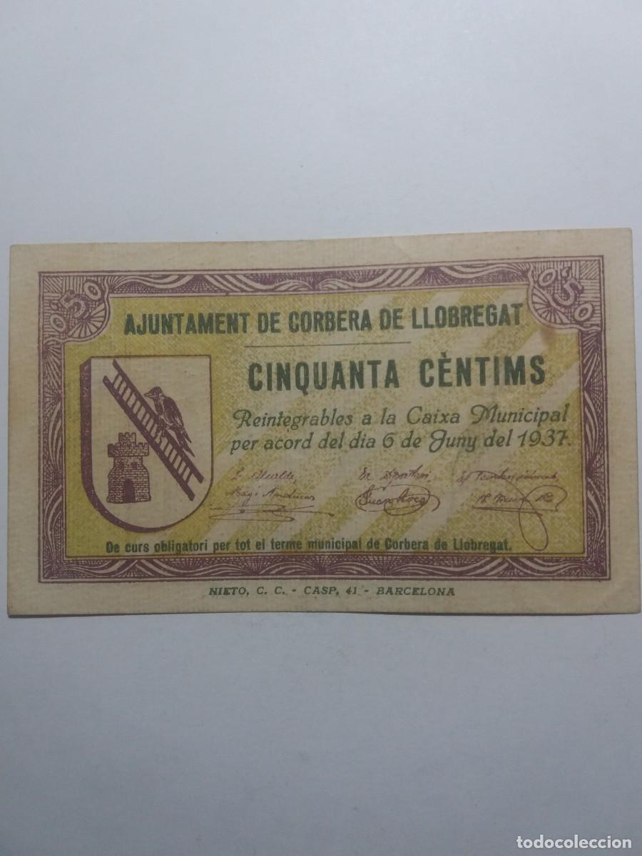 Billetes locales: Billete 50 C&egrave;ntims Ajuntament CORBERA DE LLOBREGAT 6 Juny 1937