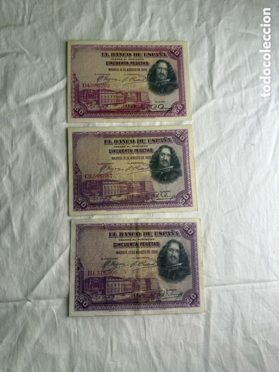 Billetes locales: LOTE 3 BILLETES 50 PESETAS 1928 &ndash; VEL&Aacute;ZQUEZ &ndash; SERIES B, C Y D &ndash; EDIFIL 354