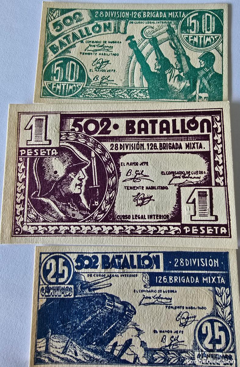 Billetes locales: 3 billetes 502 batallon 0,25-0,50-1 pta