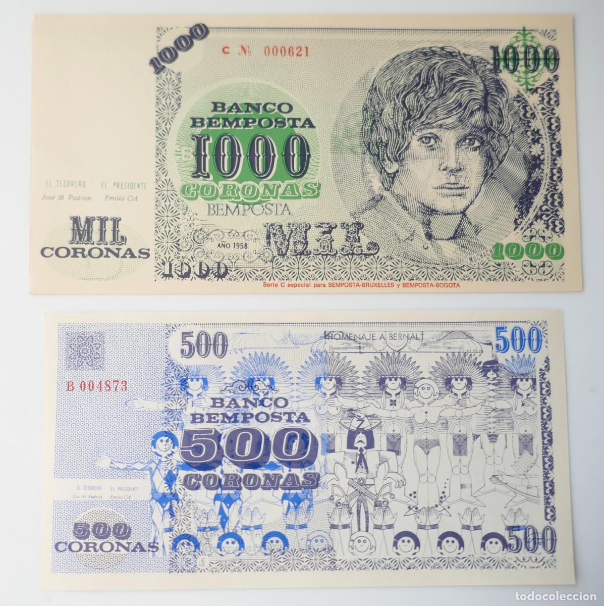 Billetes locales: Lote de dos billetes de 1000 coronas y 500 coronas, *Bemposta* Ourense. Puede VARIAR la numeraci&oacute;n