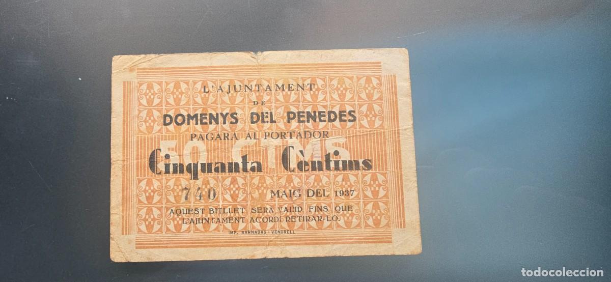 Billetes locales: Billete local Domenys del Penedes. 50 cts. Muy raro