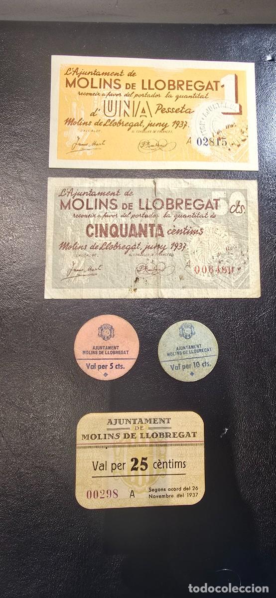 Billetes locales: Billetes locales. Molins del Llobregat. Serie completa. 5 valores . 3 cartones y 2 billetes