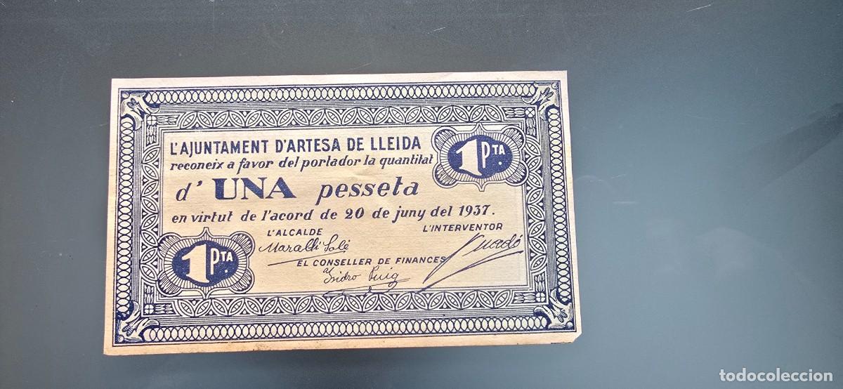 Billetes locales: Billete local Artesa de Lleida. 1 pta. 1937