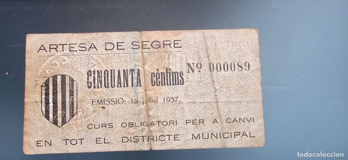 Billetes locales: Billete local Artesa de Segre. 50 cts. N&uacute;mero 89