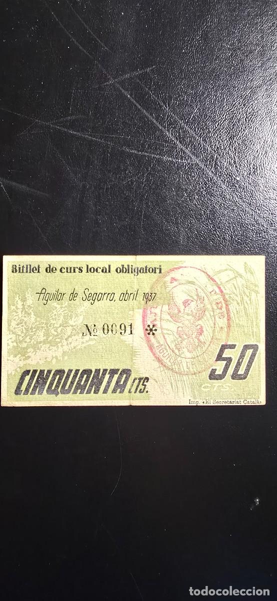 Billetes locales: Billete local Aguilar de Segarra. 50 cts. N&uacute;mero 91