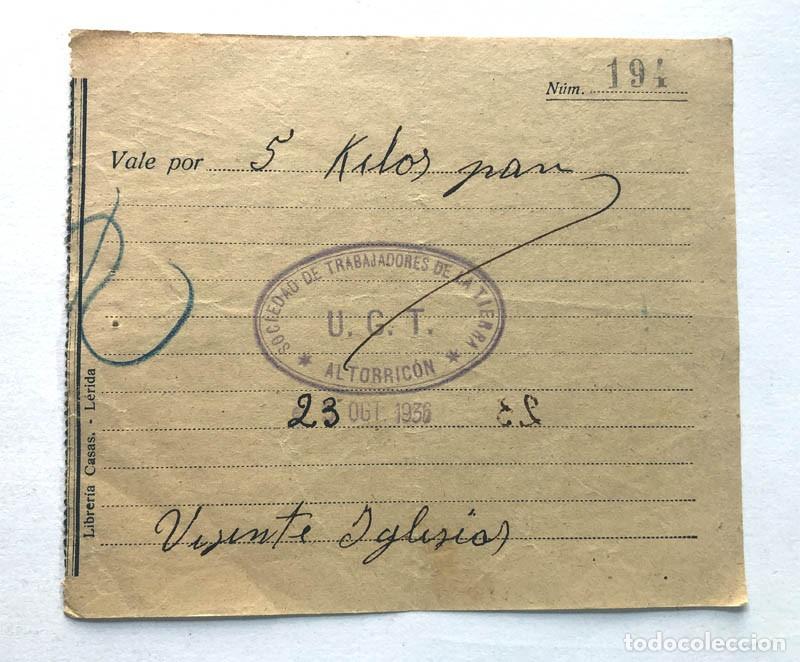 Billetes locales: GUERRA CIVIL ( 1936 ) SOCIEDAD DE TRABAJADORES DE LA TIERRA - U.G.T. - ALTORRIC&Oacute;N ( HUESCA ) COMIT&Eacute;