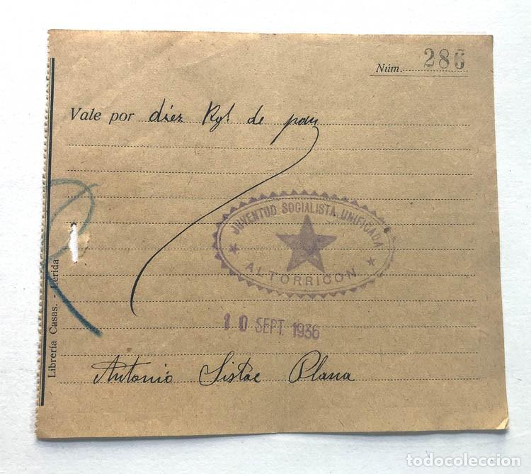 Billetes locales: GUERRA CIVIL ( 1936 ) JUVENTUD SOCIALISTA UNIFICADA - ALTORRIC&Oacute;N ( HUESCA ) VALE COMIT&Eacute;
