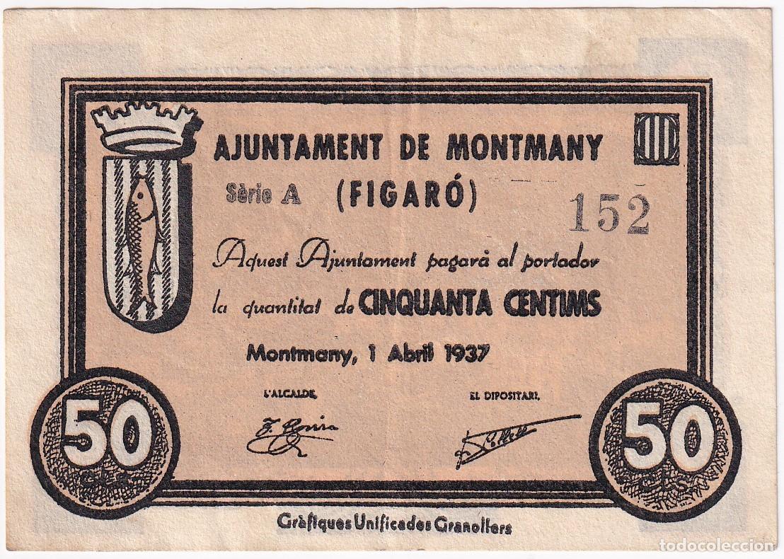 Local Banknotes: BILLETE DE 50 CENTIMOS DEL AJUNTAMENT DE MONTMANY (FIGARO) DEL A&Ntilde;O 1937